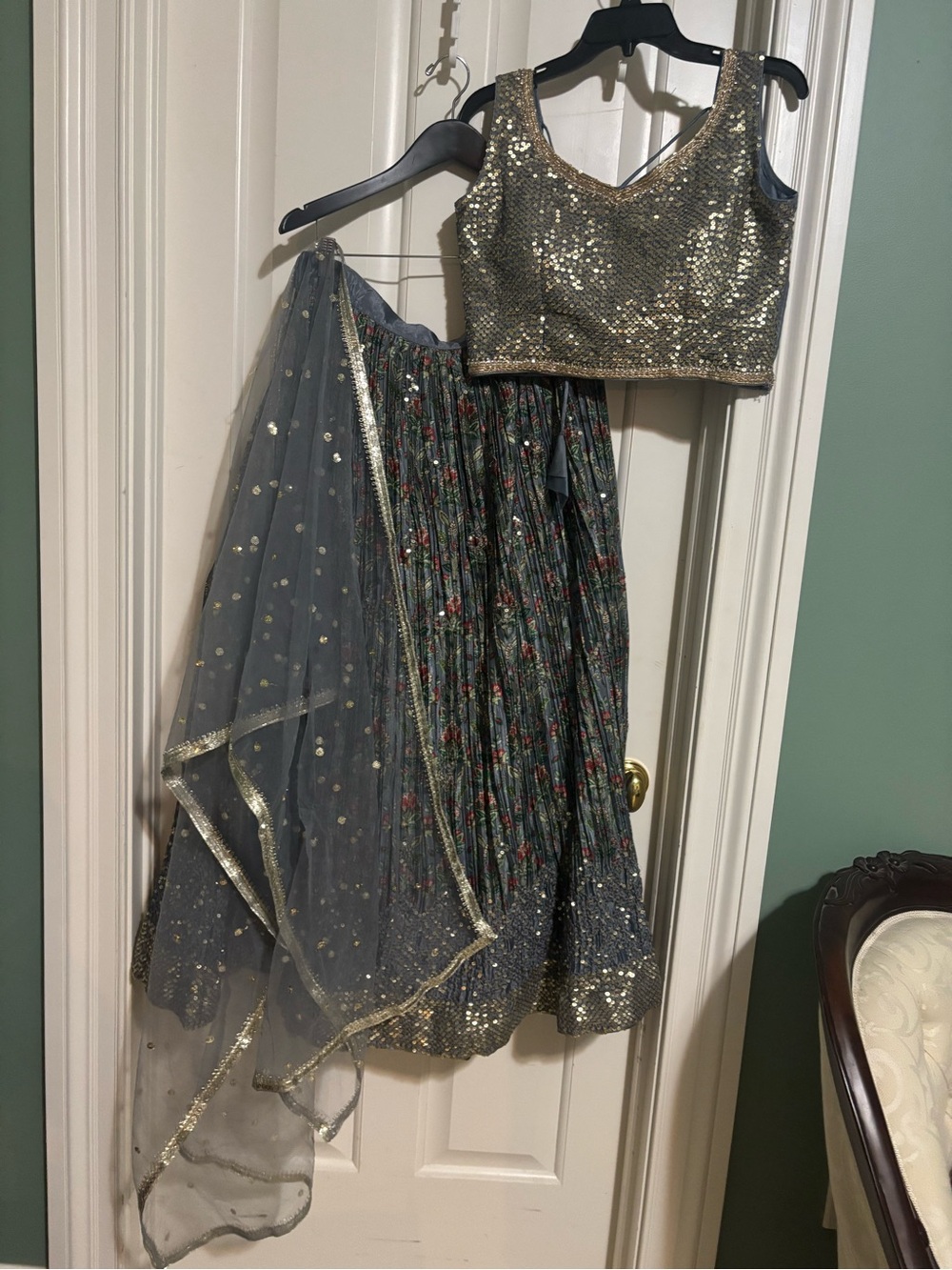 Silver color Gray Floral Sequined Lehenga Skirt, Choli & Dupetta . - Picture 4 of 14
